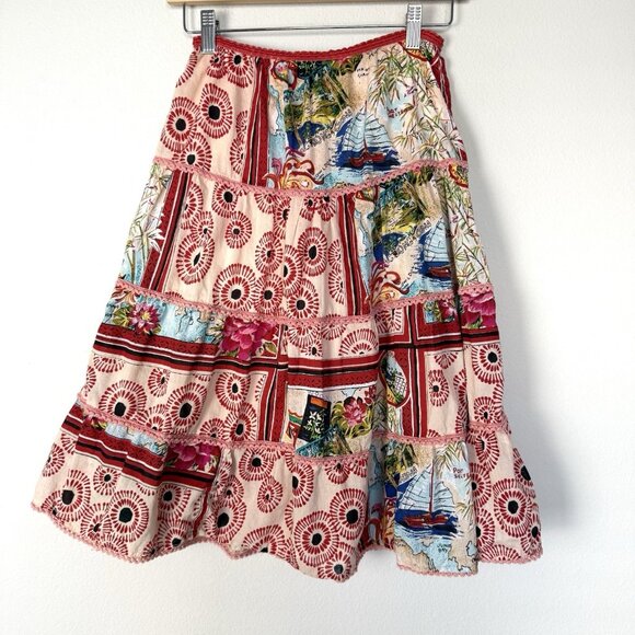 Vintage Y2K Blue Plate Cotton Tiered Skirt‎ Womens Medium Tropical Travel Resort - Picture 1 of 8